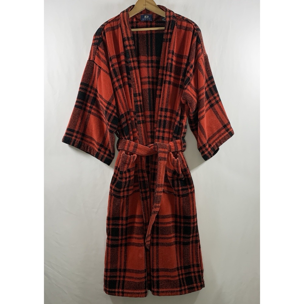 Vintage Stafford Red Black Plaid Bath Robe Mens L/XL Terry Cloth Heavy Cotton